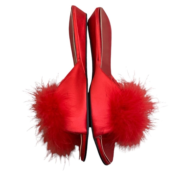 Rare vintage red satin fluffy feather boa peep toe glamorous house slippers - Picture 2 of 3